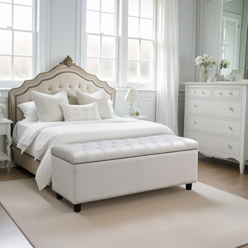 Elegant Gray White Storage Bench with Solid Wood Frame