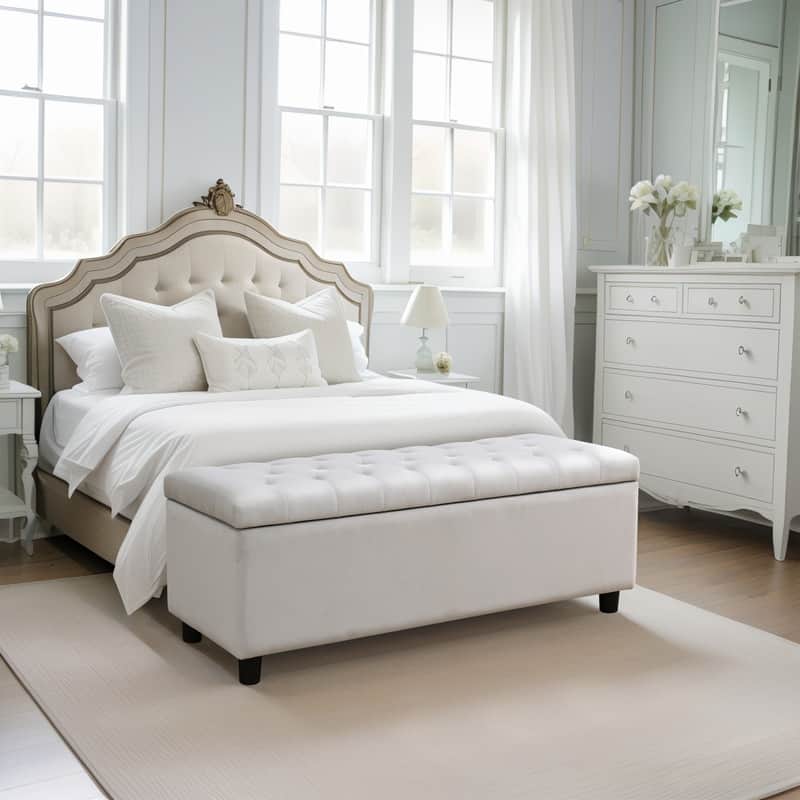 Elegant Gray White Storage Bench with Solid Wood Frame