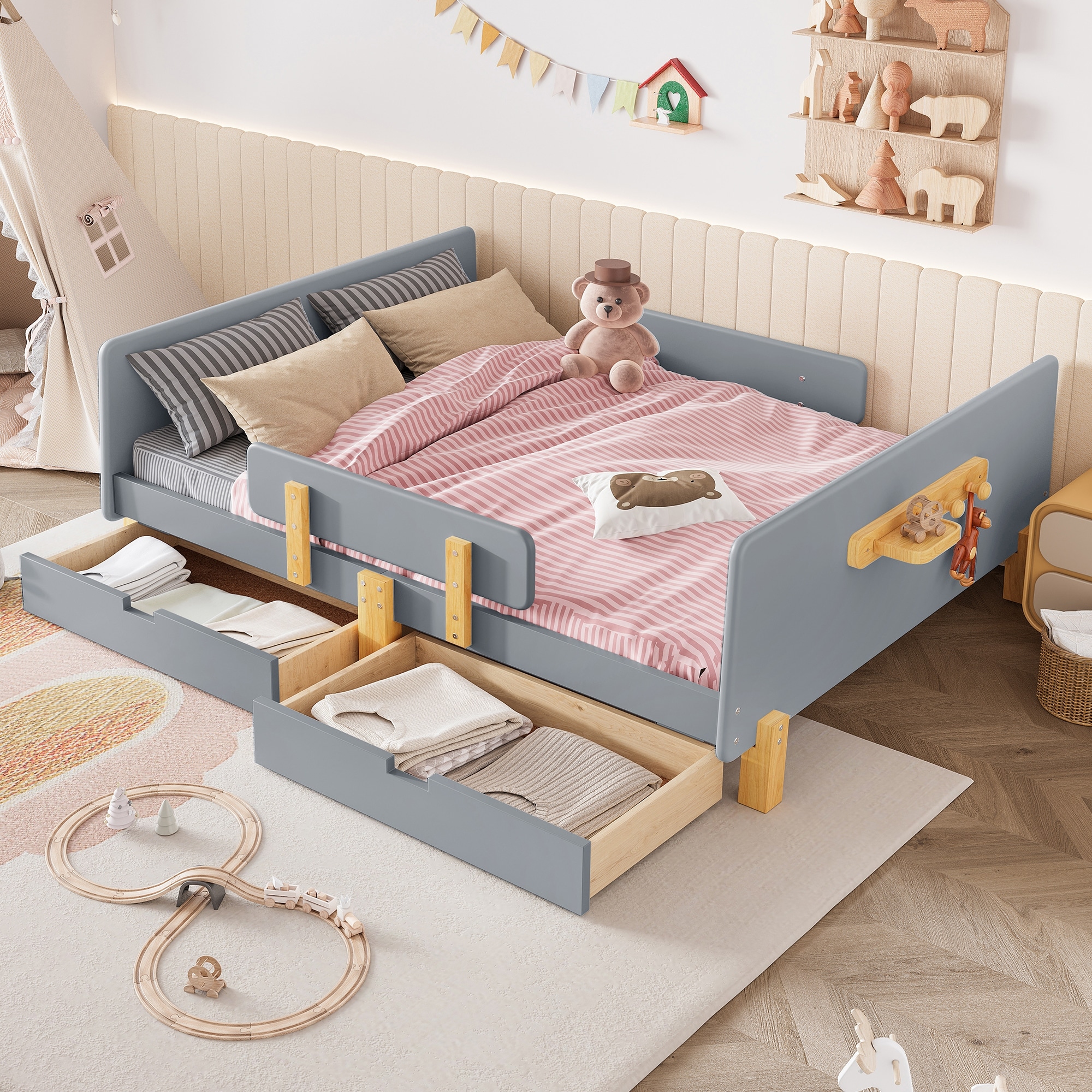 Full Size Platform Bed with Storage Drawers, Solid Wood Beds Frame with Bed Guardrail, Small Shelf, and Hooks