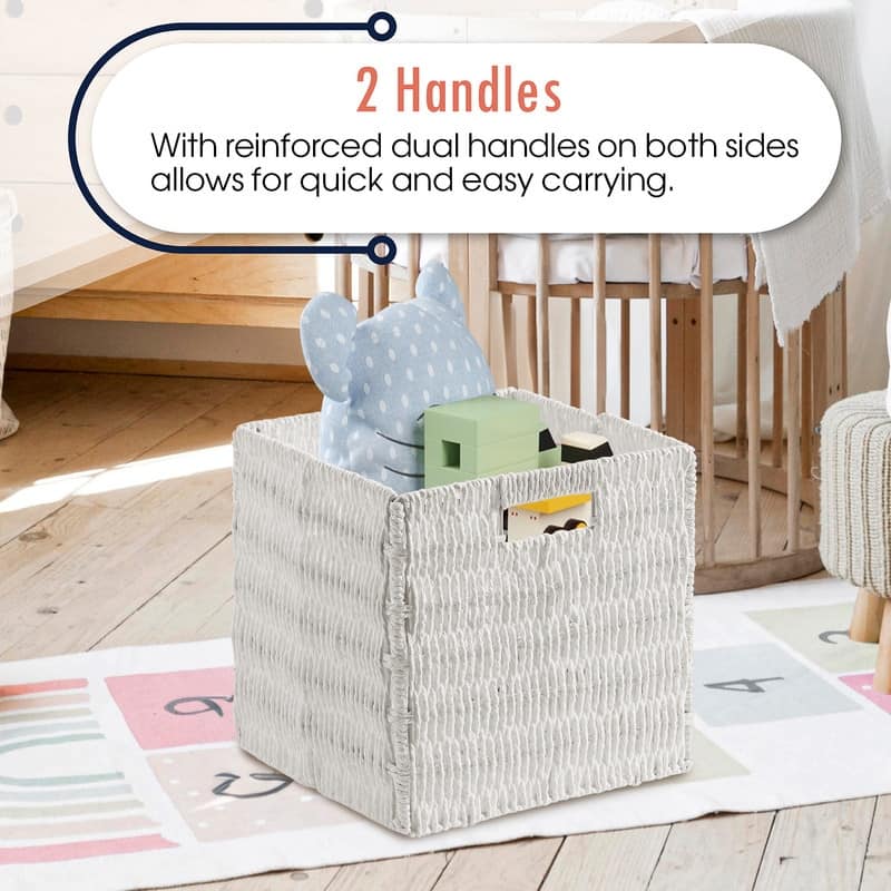 2 Pack Foldable Paper Wicker Shelf Storage Basket Cube Bin with Handles