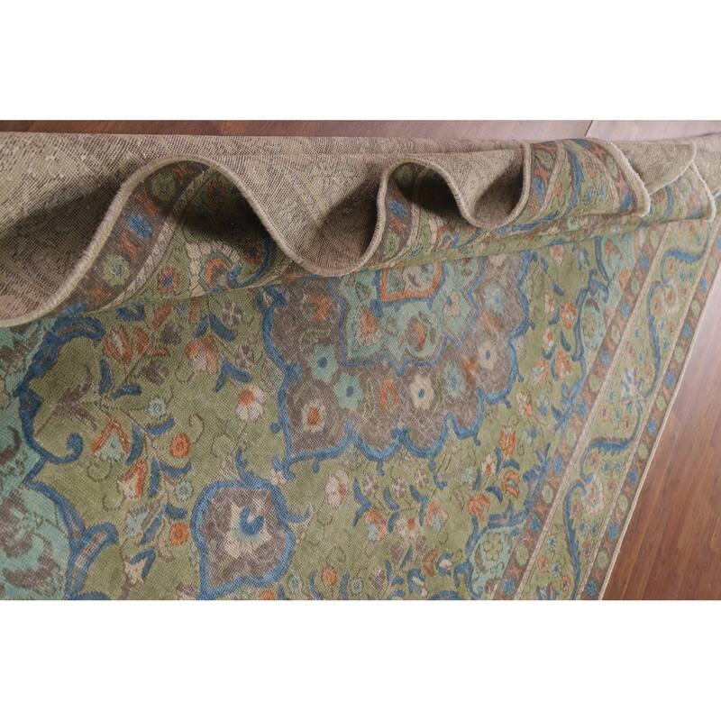 Hand Knotted Oriental 100% Wool Carpet Traditional Medallion Green Tabriz Area Rug - 9' 5'' X 6' 7''