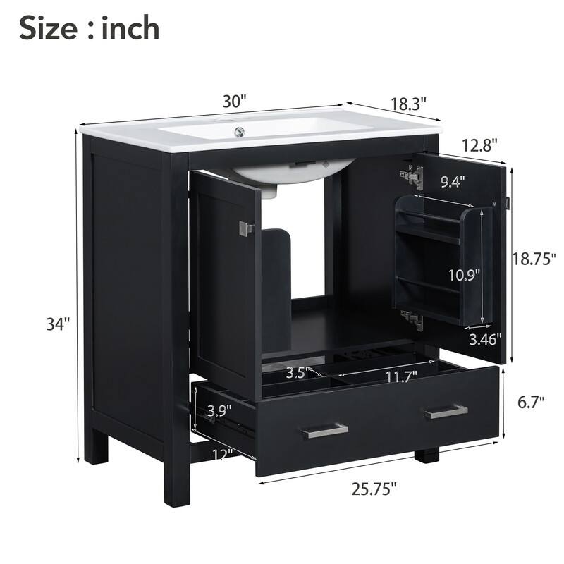 30" Black Solid Wood Bathroom Vanity Set - Undermount Sink Combo with 2 Doors, 1 Drawer & Soft-Close Mechanism‌