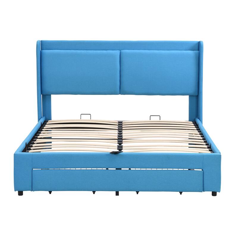 Queen Size Storage Upholstered Hydraulic Platform Bed, Metal Bed Frame