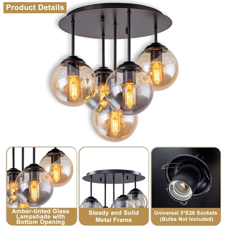 5 Lights Semi-Flush Mount Ceiling Light Smoky Gray&Amber Glass Globes - Dia.17.32-in
