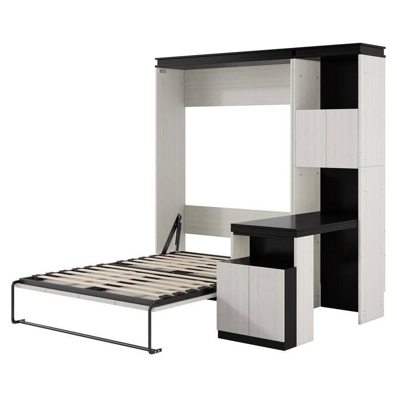 Modern Full Size Murphy Bed with Desk and Storage Shelves and Cabinets, Foldable Hidden Wallbed Bed for Bedroom, Apartment