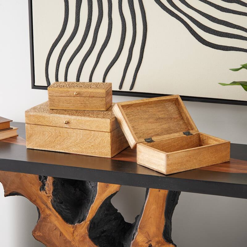 Brown Mango Wood Handmade Storage Scroll Box with Gold Accents (Set of 3)