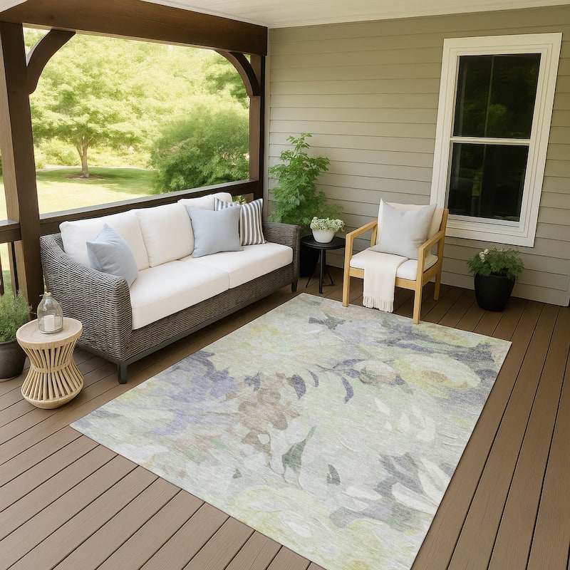 Machine Washable Indoor/ Outdoor Watercolor Floral Chantille Rug - Mint - 10' x 14'