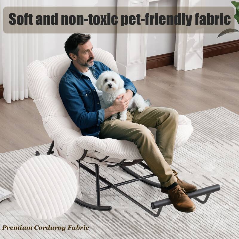 HOMEFUN Corduroy Upholstered Egg Shaped Design Steel Frame Rocking Chair with Side Pocket and Foot Pedal