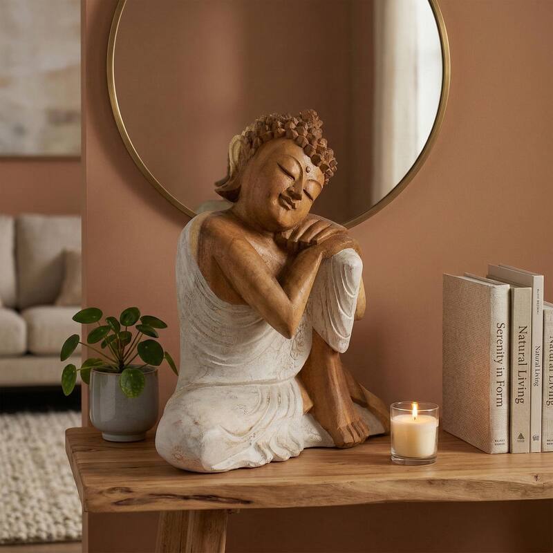 Wood Sleeping Buddha Statue - Hand Carved Whitewashed Sculpture, Peaceful Zen Decor