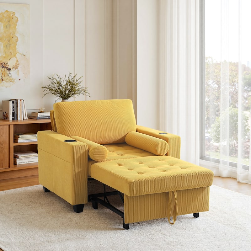 3-in-1 Corduroy Sleeper Sofa Pull-Out Bed Convertible Adjustable Loveseat with USB Port - Chair - Yellow