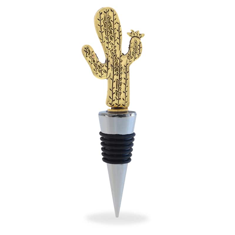 Cheers Gold Cactus Metal Wine Stopper - Elegant Vacuum Seal Reusable - 5 inches