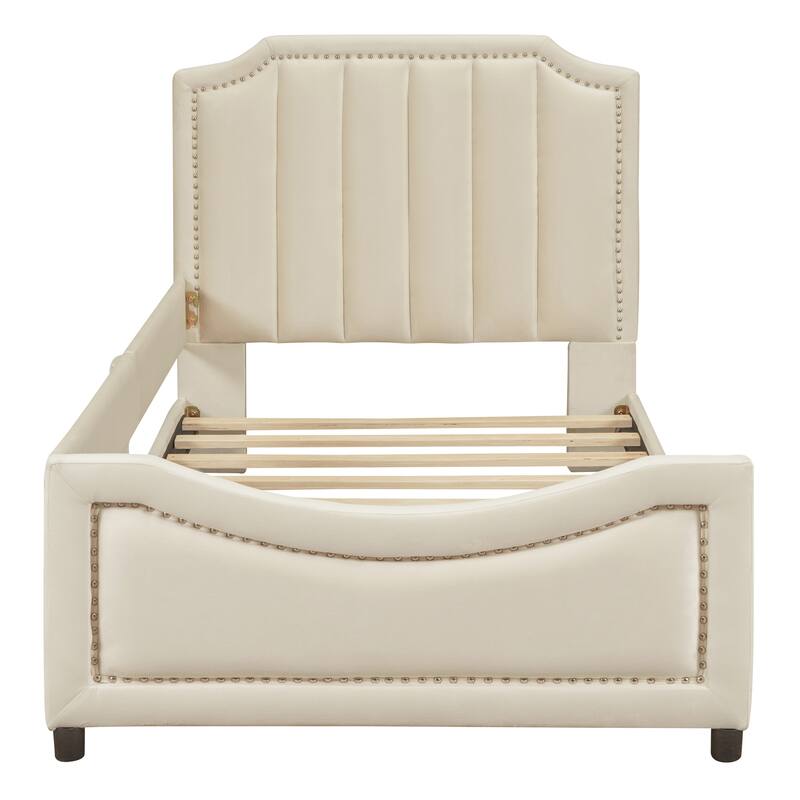 Twin Size Upholstered Daybed with Classic Stripe Shaped Headboard, Velvet Fabric & Sturdy Frame - Elegant Design