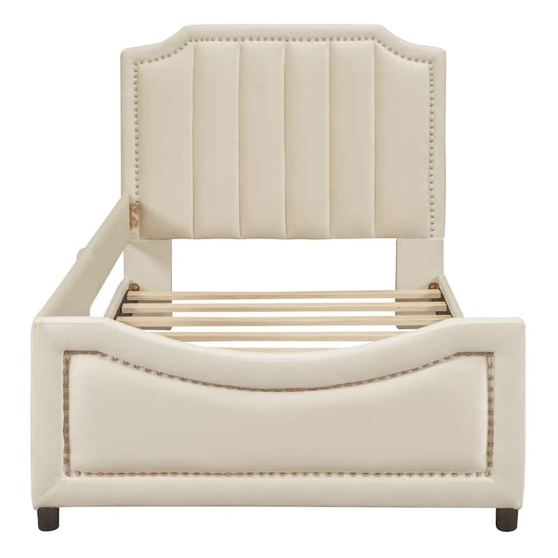 Twin Velvet Low Bed with Guardrail & Nailhead Headboard