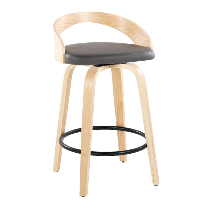 Carson Carrington Stavanger 26" Fixed-Height Counter Stool with Bent Wood Legs & Round Footrest (Set of 2) - Grey PU/Natural Wood/Black Metal