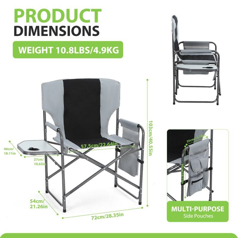 Aluminum Foldable Director Chair with Side Table & Storage Pocket, Lightweight Camping Chair with Sturdy Armrests for Camping
