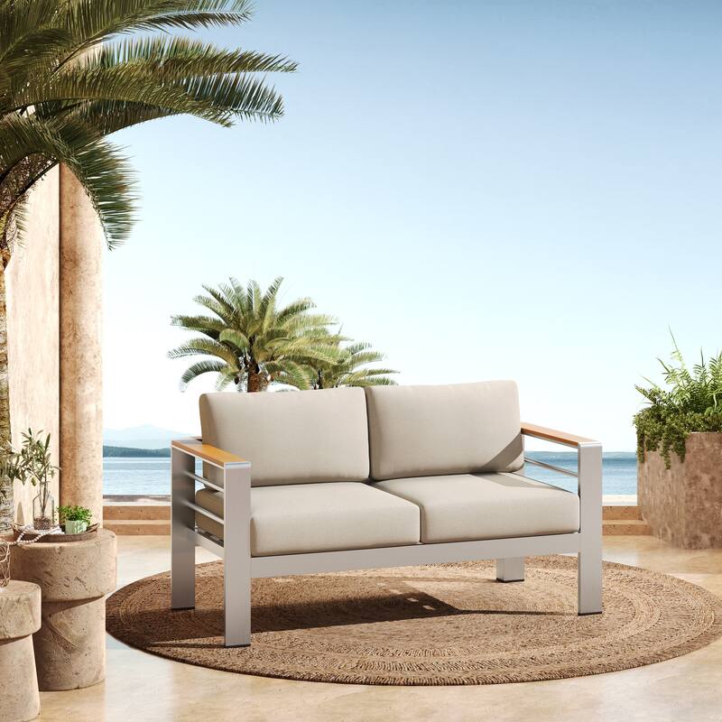 Roomfitters Cora Outdoor Aluminum Loveseat Bench with Olefin Fabric Cushions, Silver and Beige