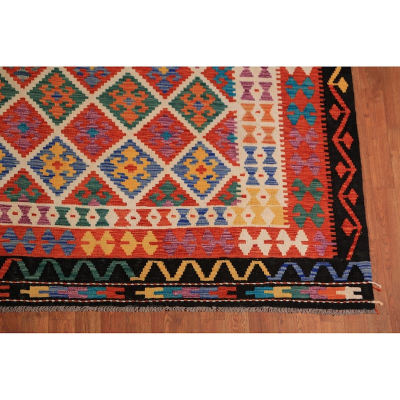 Geometric Trellis Kilim Area Rug Handmade Wool Carpet - 8'8"x 11'4"