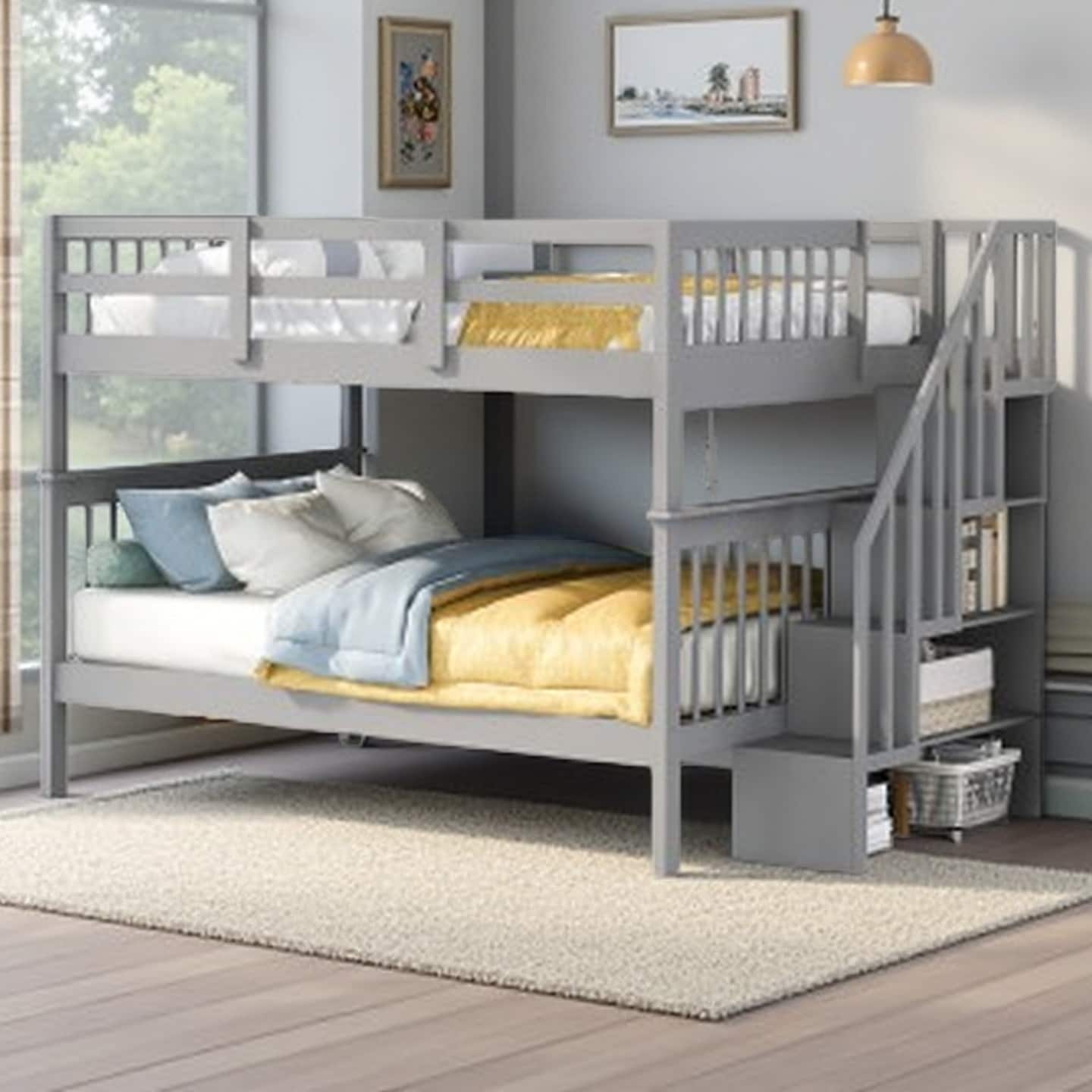 Full-Over-Full Stairway Bunk Bed with Built-in Storage Shelves and Guardrails, Durable Pine Frame