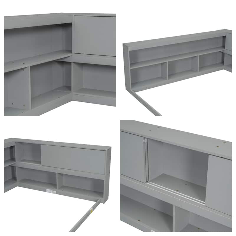 Full Floor Bed with L-shaped Bookcases, Sliding Doors Without Slats