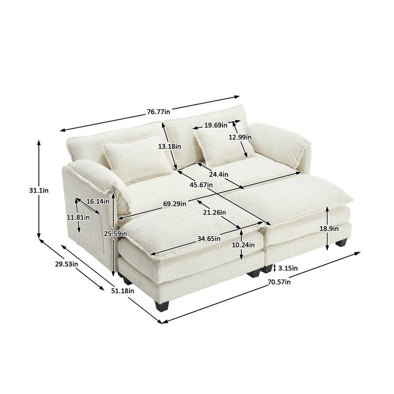 76.77" Chenille Upholstered Sofa with 2 Ottomans