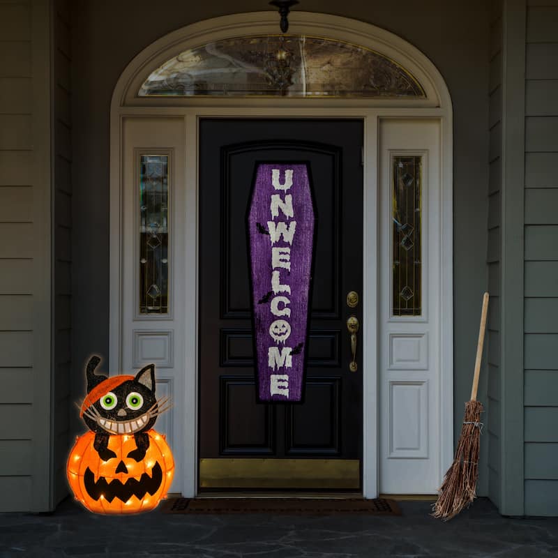 National Tree Company Halloween Pre Lit Lighted Sign, Orange, Pumpkin and Black Cat, LED Lights, Battery Operated, 23 Inches