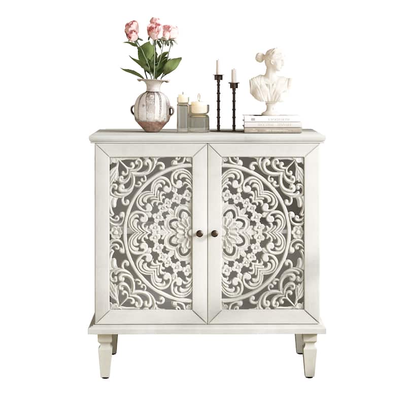 GDF Studio - Vintage Hollow-Carved Accent Cabinet, 2-Door Display Sideboard with Adjustable Shelf