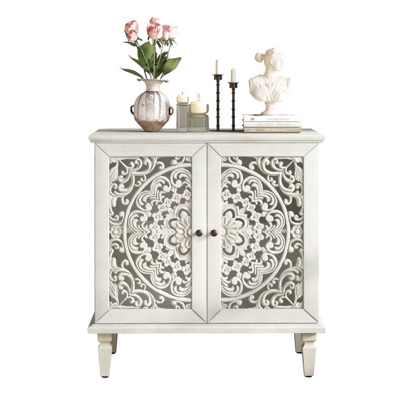 Roomfitters 2-Door Hollow-Carved Accent Cabinet, Symmetrical Floral Sideboard with Adjustable Shelf