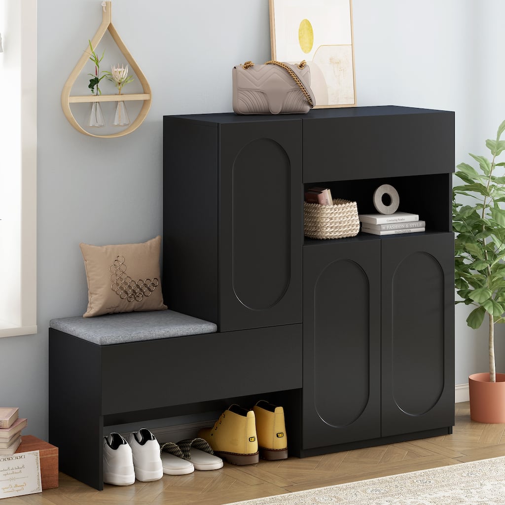 Elegant 2-in-1 Shoe Cabinets with Soft Cushion Modern Shoe Storage Bench with Rebound Doors