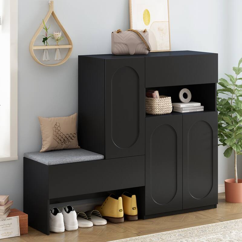 Elegant 2-in-1 Shoe Cabinets with Soft Cushion Modern Shoe Storage Bench with Rebound Doors - Black