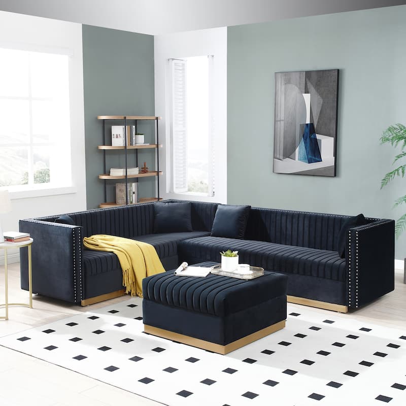 Velvet L-Shaped Sectional Sofa with Ottoman