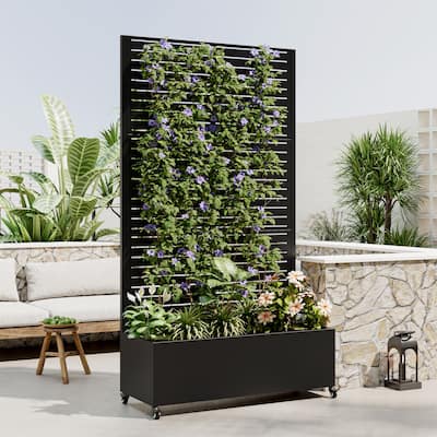 Metal Planter Box with 4 Wheels and Privacy Screen for Climbing Plants