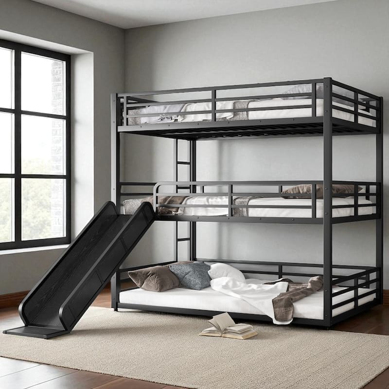 Metal Triple Bunk Bed with Slide, Twin XL/Full/Queen, Safety Guardrails, Quiet Slat Design, Heavy-Duty, Black