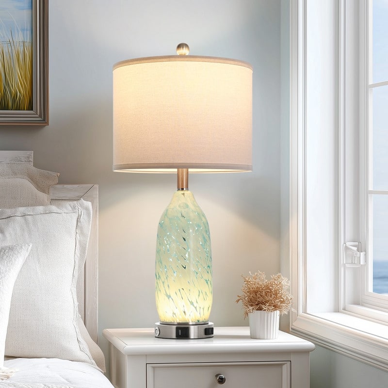 25" Coastal Bedside Table Lamps with 3-Way Touch Dimming and Charging Ports
