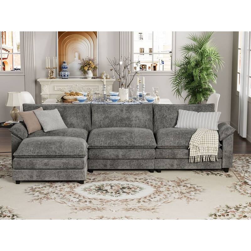Furniwell 3-Seat Sectional Sofa with Ottoman Sectional Couch with Reversible Toffee Chair Convertible Sofa