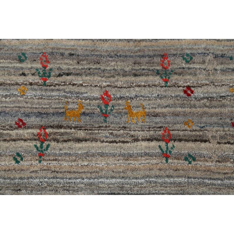Striped Gabbeh Square Rug Hand-Knotted Gray Wool Carpet - 7'11"x 7'11"