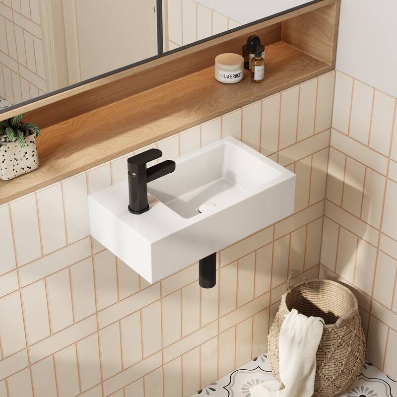 HOROW Left Hand White Ceramic Wall-Mounted Rectangle Vessel Sink Porcelain - N/A - White