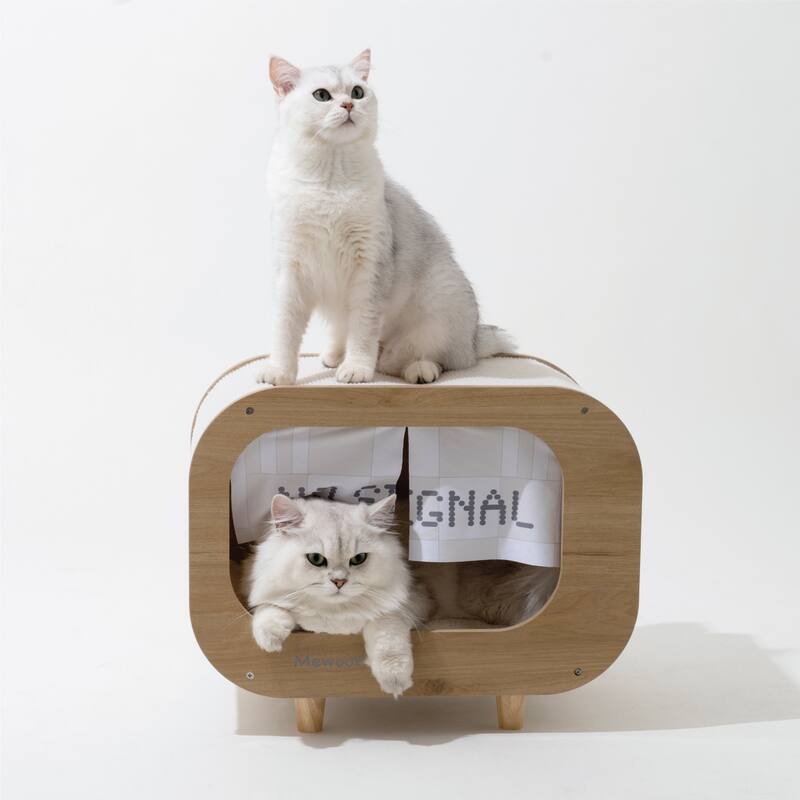 Wooden TV-Shaped Cat Bed, Cat House with Cushion