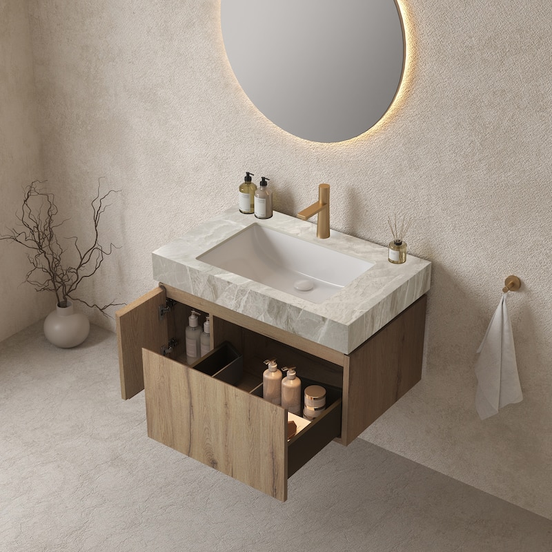 GDFStudio - Muri Modern 30" Floating Bathroom Vanity, Light Gray Sintered Stone Countertop with Ceramic Basin, WITHOUT Faucet