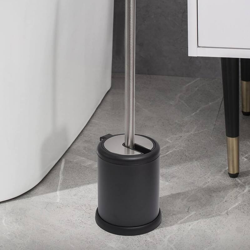 Black Toilet Brush Set with Stainless Steel Handle, Folding Lid and Removable Insert - 15 inches H x 4.8" Diam