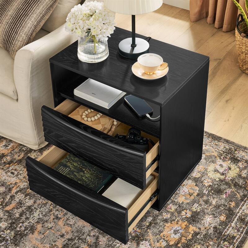 Modern Nightstand with Charging Station,Outlet Hole and 2 Wood Drawers