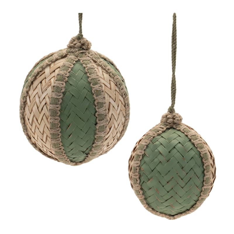 Woven Bamboo Christmas Ball Ornaments - 5.25" (133.35mm) - Green and Gold - 4ct
