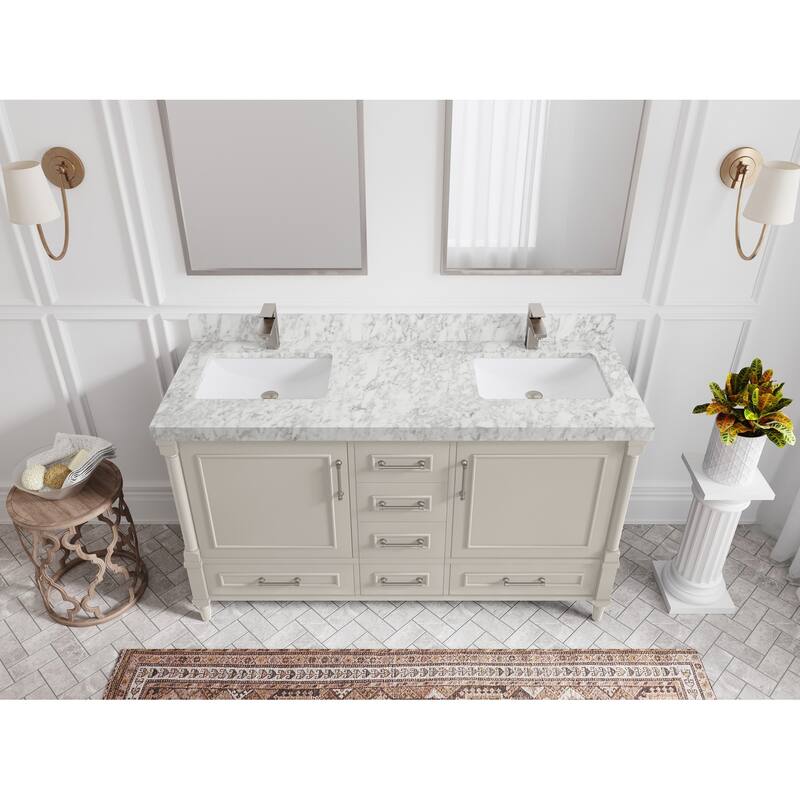Willow Collections 60 in. W x 22 in. D Aberdeen Double Sink Bathroom Vanity with Countertop - 2" Carrara Marble - Fine Grain
