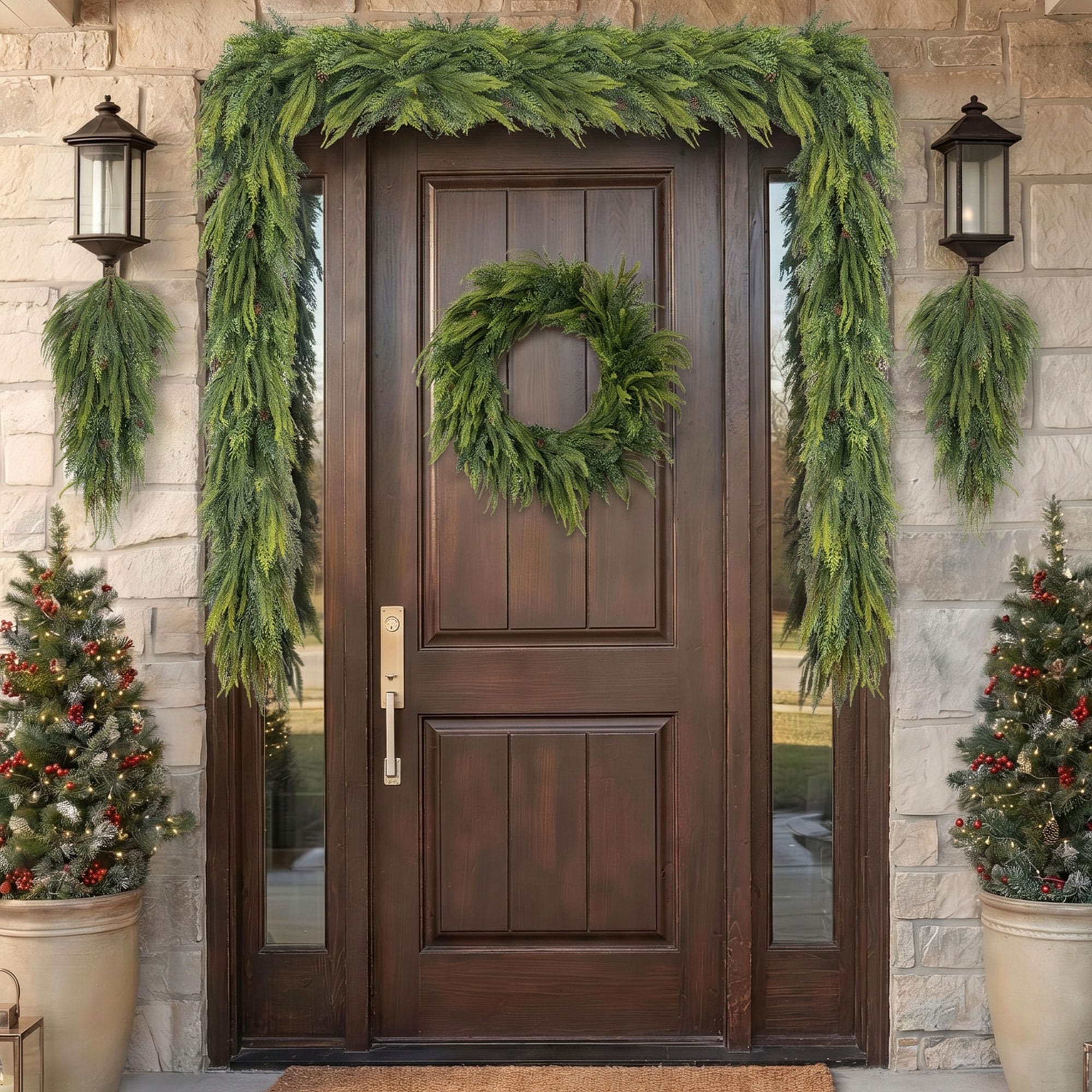 Glitzhome Mixed PE Christmas Wreath & Garland Set with Pinecones - Multiple Sizes