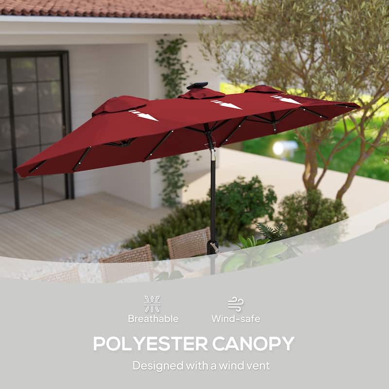 Double Sided Solar LED Patio Umbrella with 36 Lights Wine Red Outdoor Garden Poolside Shade Tilt Crank