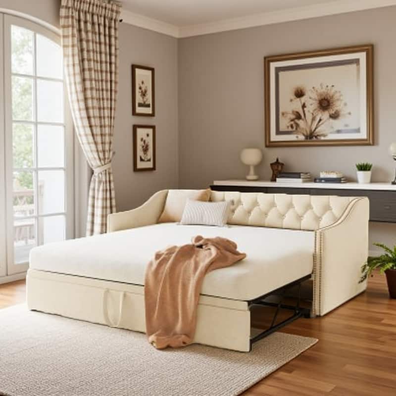 Twin Size Upholstered Daybed with Pop-Up Trundle, Expandable from Twin to King, Velvet with Armrests - Beige