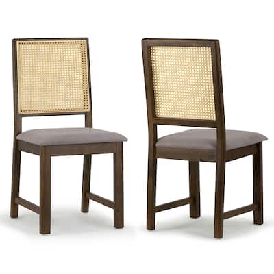 Set of 2 Baines Gray Fabric Dining Chair with High Rattan Back and Walnut Wood Legs