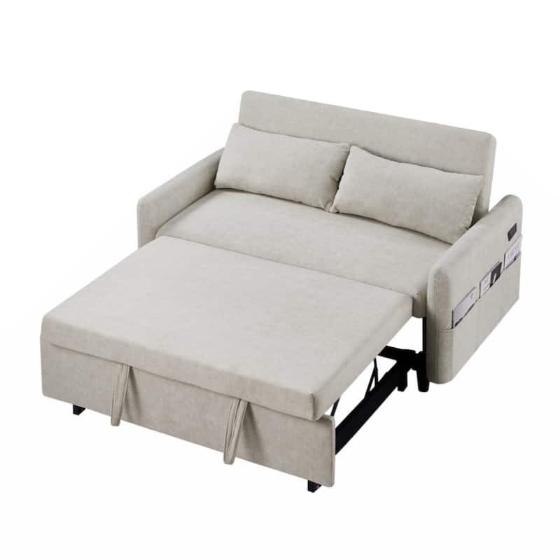 55.1" Pull Out Sleep Sofa Bed Loveseats Sofa Couch with Adjsutable Backrest,Storage Pockets,2 Soft Pillows,USB Ports,Beige