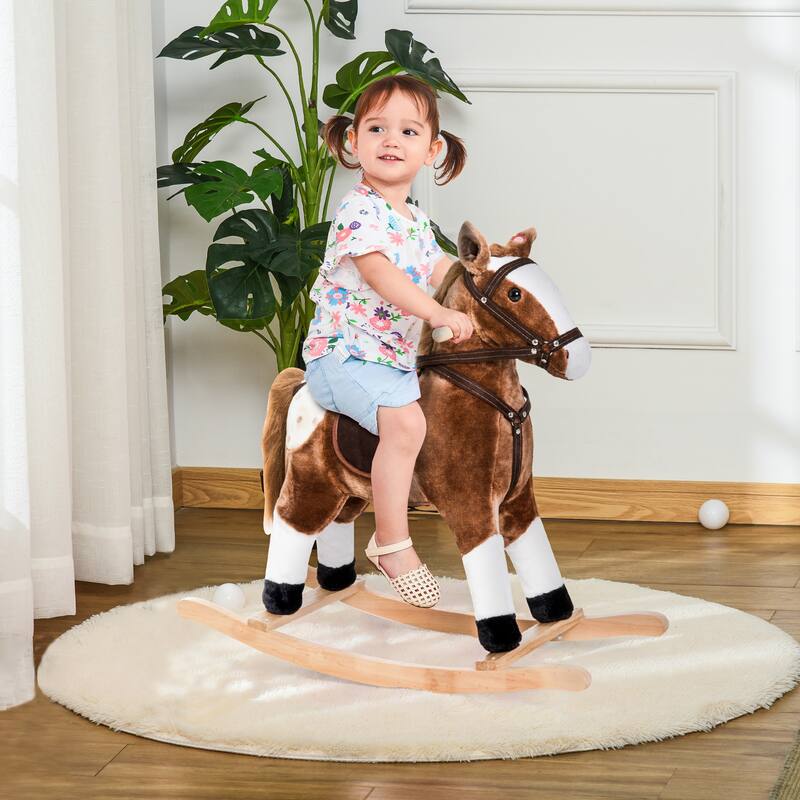 Kids Plush Rocking Horse with Authentic Neigh Sounds, Saddle, and Stirrup for 3-8 Years Old - Comfortable Velvet Fabric