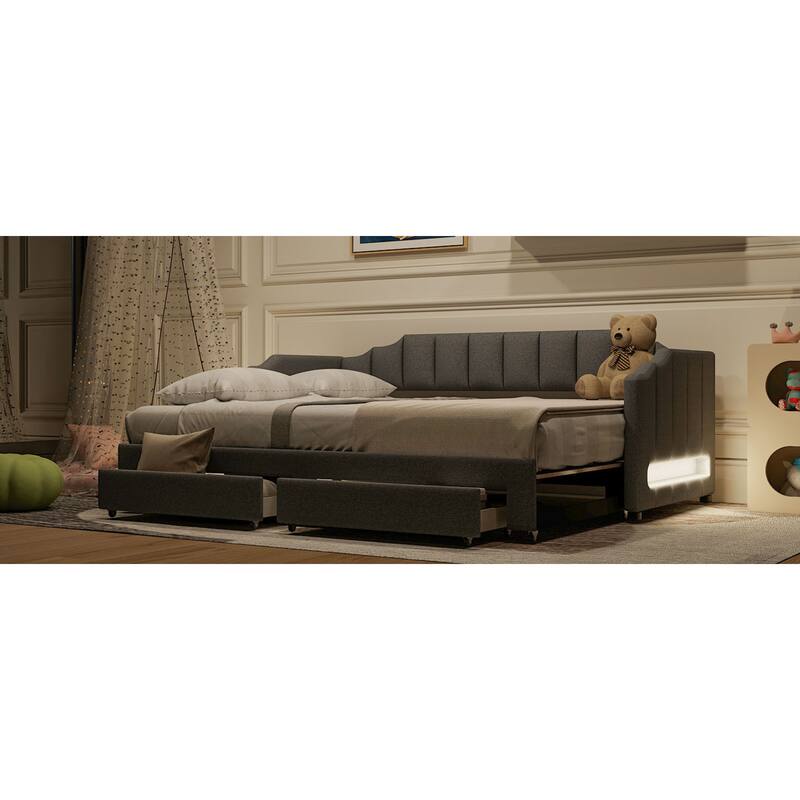 Roomfitters Twin XL Upholstered Daybed with LED Lights and 2 Storage Drawers, Extendable Pull-Out Sofa Bed Frame