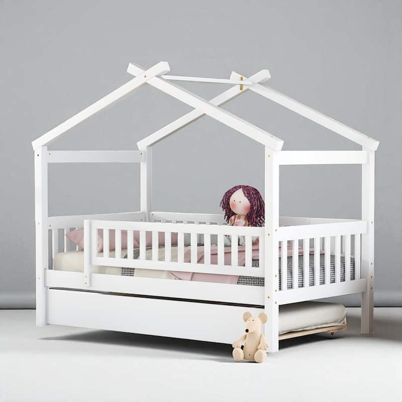 Twin Size Wooden House Bed with Trundle, Roof Design Platform Frame with Headboard for Kids, No Box Spring Needed
